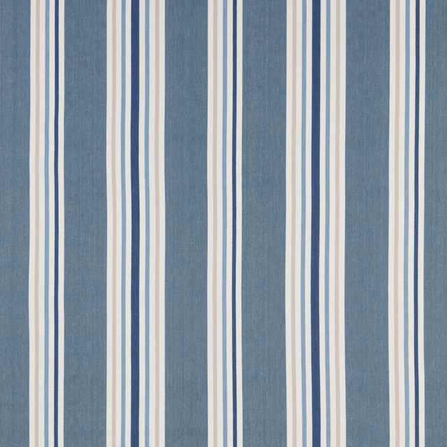 Vertical kingfisher blue and white stripe cotton fabric with narrow navy bands
