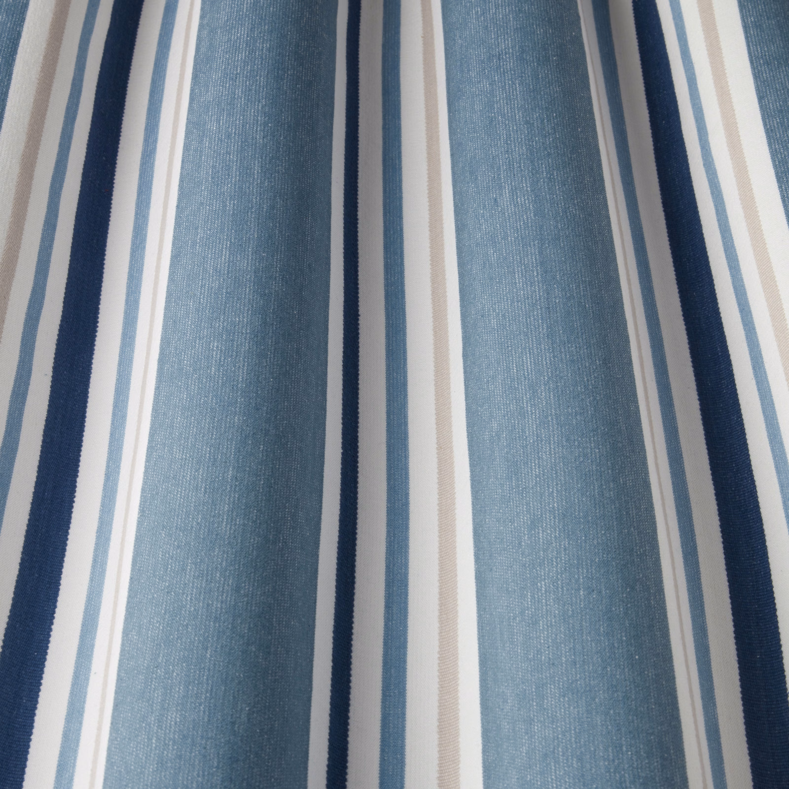 Blue and white cotton stripe fabric with navy accent bands and soft woven texture