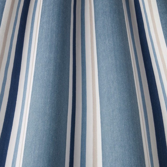 Blue and white cotton stripe fabric with navy accent bands and soft woven texture
