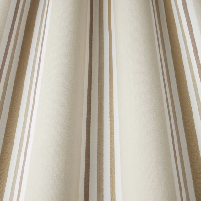 Cream cotton fabric with vertical caramel and taupe stripe bands