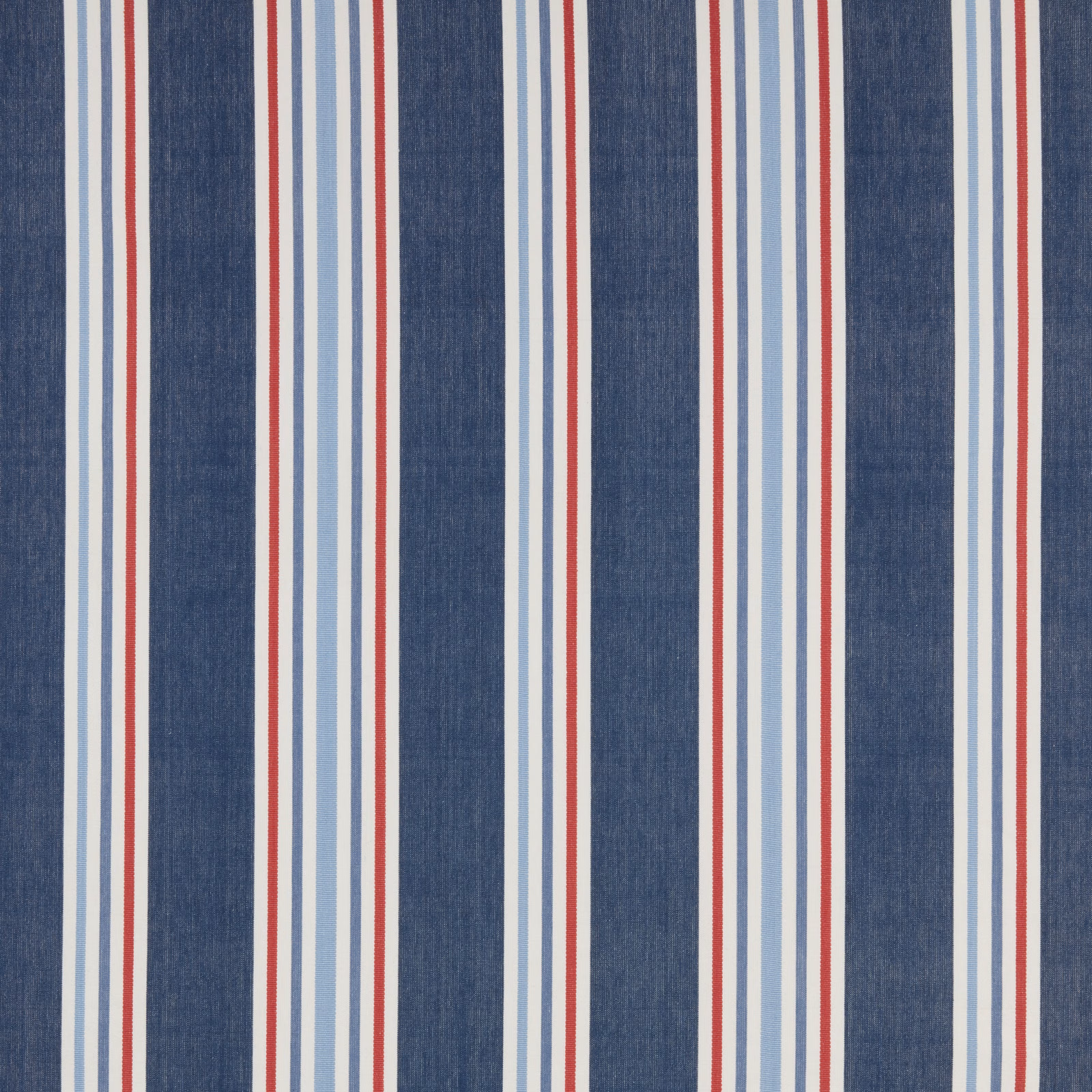 Vertical navy striped cotton fabric with red and pale blue bands
