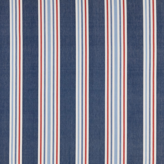 Vertical navy striped cotton fabric with red and pale blue bands