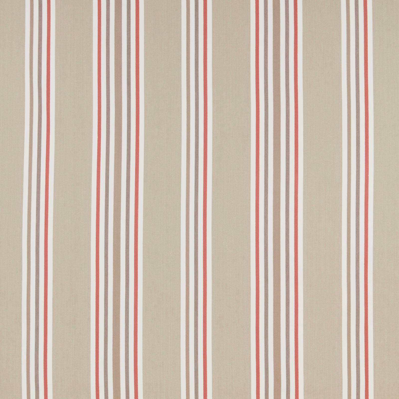 Beige cotton fabric with vertical raspberry, white and taupe stripes