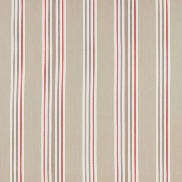 Beige cotton fabric with vertical raspberry, white and taupe stripes