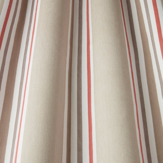 Cream cotton stripe fabric with taupe bands and raspberry red lines