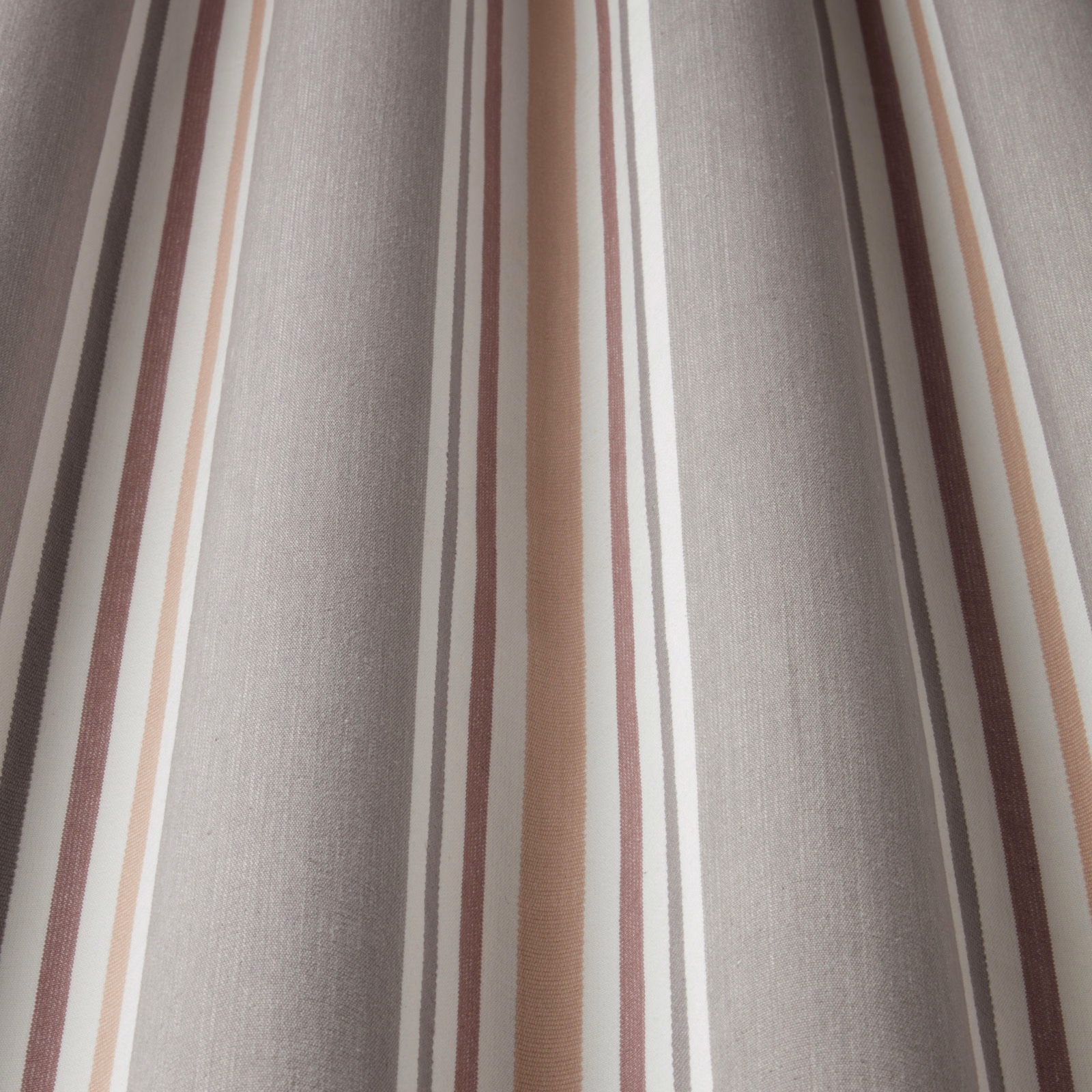Vertical taupe, rose and ivory striped cotton fabric with a smooth woven texture