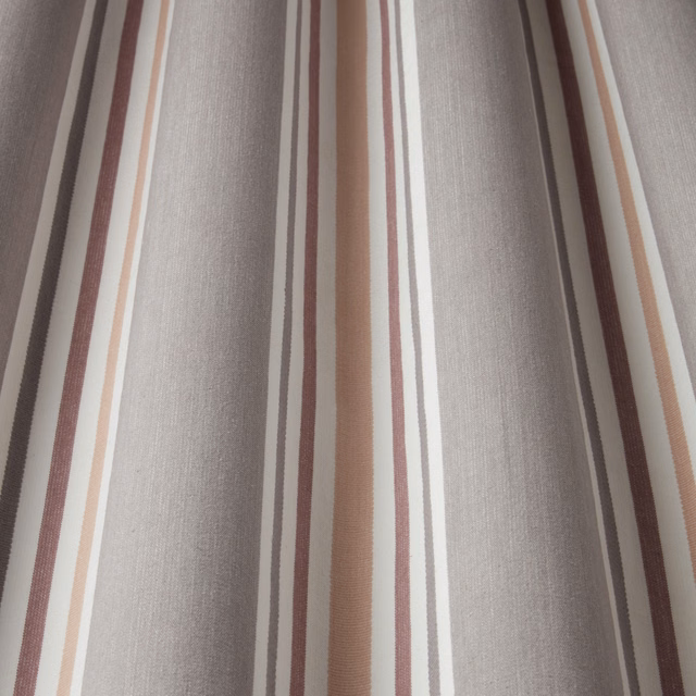 Vertical taupe, rose and ivory striped cotton fabric with a smooth woven texture