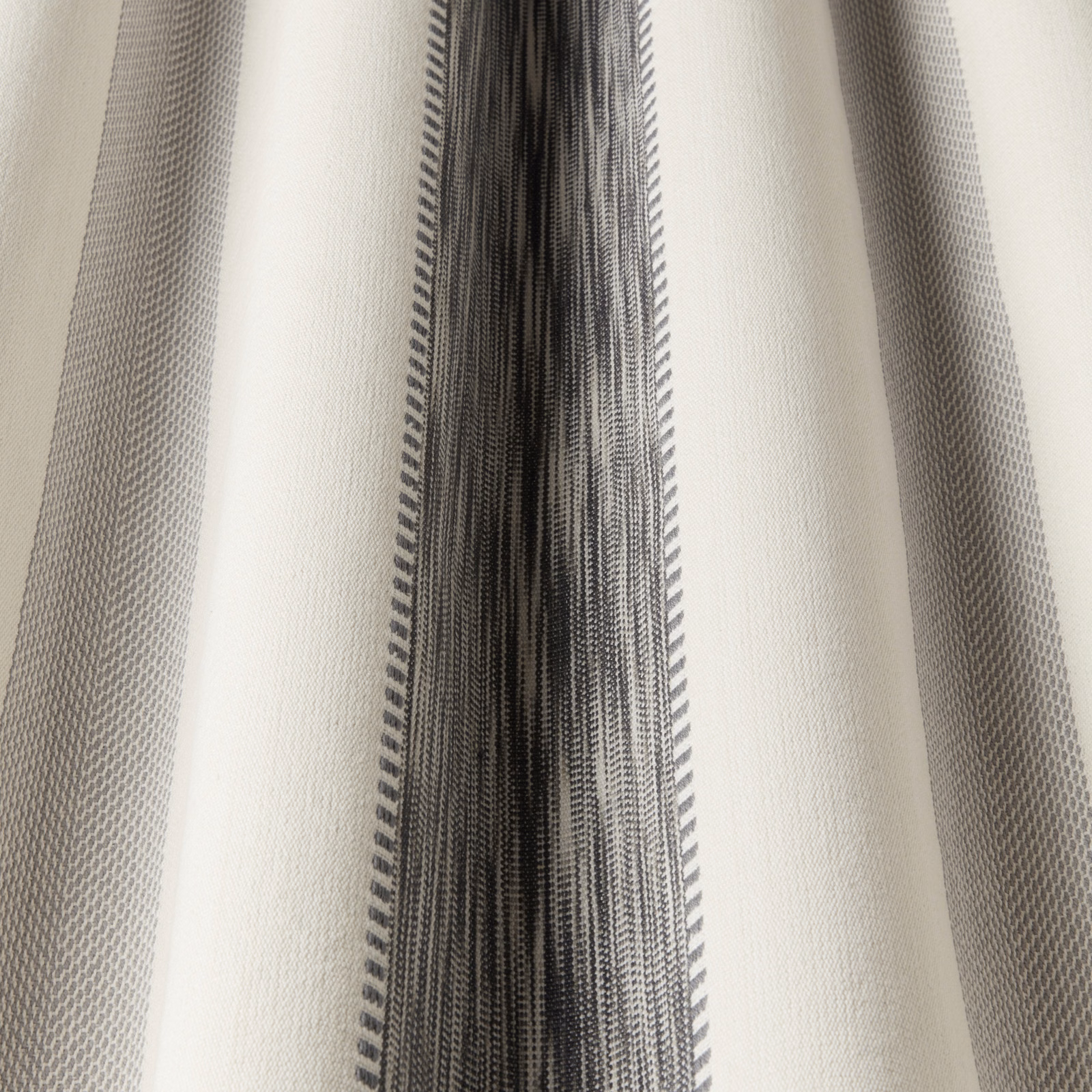 Vertical soft grey and ivory striped cotton fabric swatch with fine textured detailing