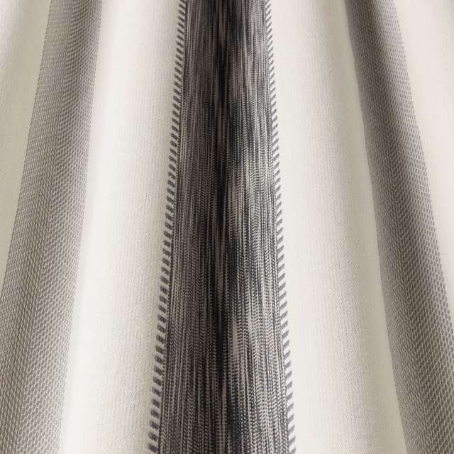 Vertical soft grey and ivory striped cotton fabric swatch with fine textured detailing