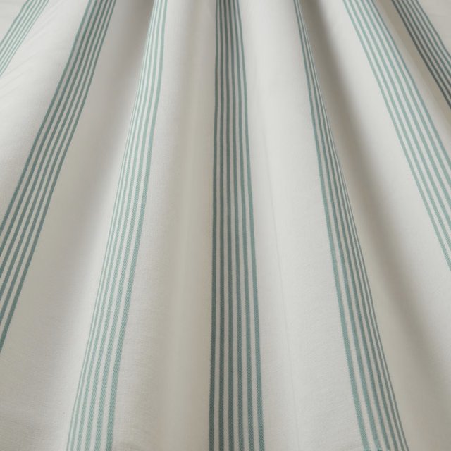 Off-white cotton fabric with narrow aqua vertical stripes