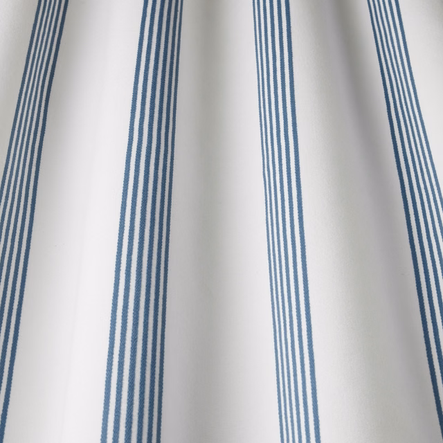 White cotton fabric with vertical kingfisher blue stripe bands