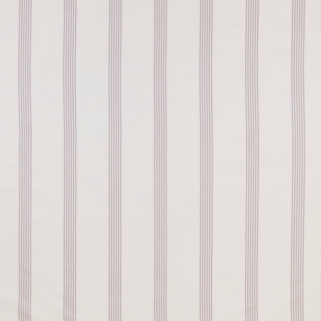 Soft white cotton fabric with fine pale lilac-grey vertical stripes