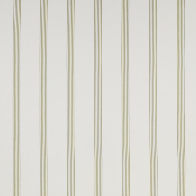 Pale cotton fabric with narrow olive vertical pinstripes on an off-white ground