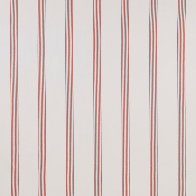 Pale ground cotton fabric with narrow raspberry red vertical stripes