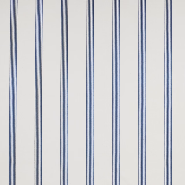 Blue narrow vertical stripe cotton fabric on an off-white ground