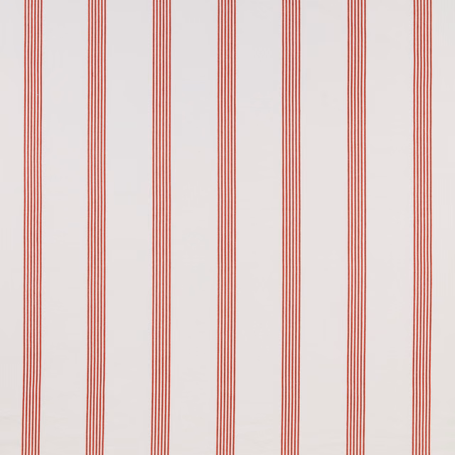 Red narrow vertical stripes on a pale cotton fabric swatch