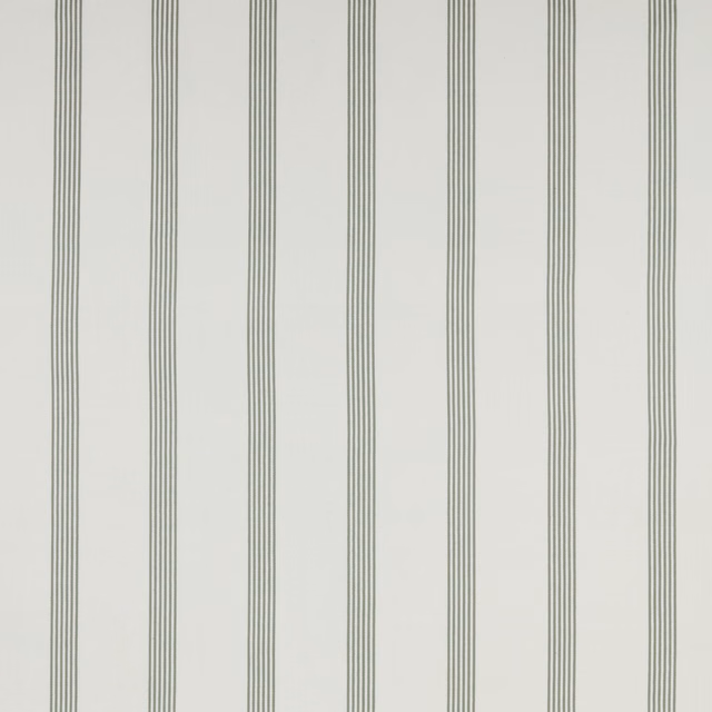 Pale cotton fabric with narrow vertical sage olive stripes on an ivory ground
