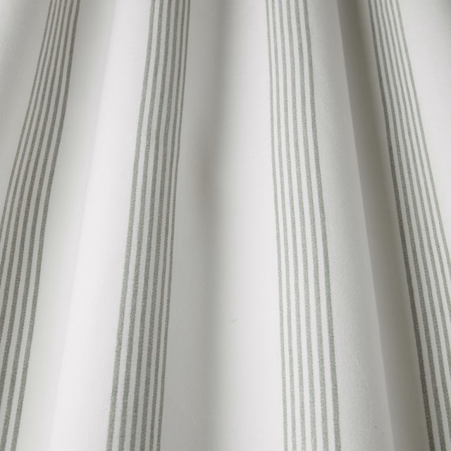 White cotton fabric with narrow willow-green vertical stripe bands