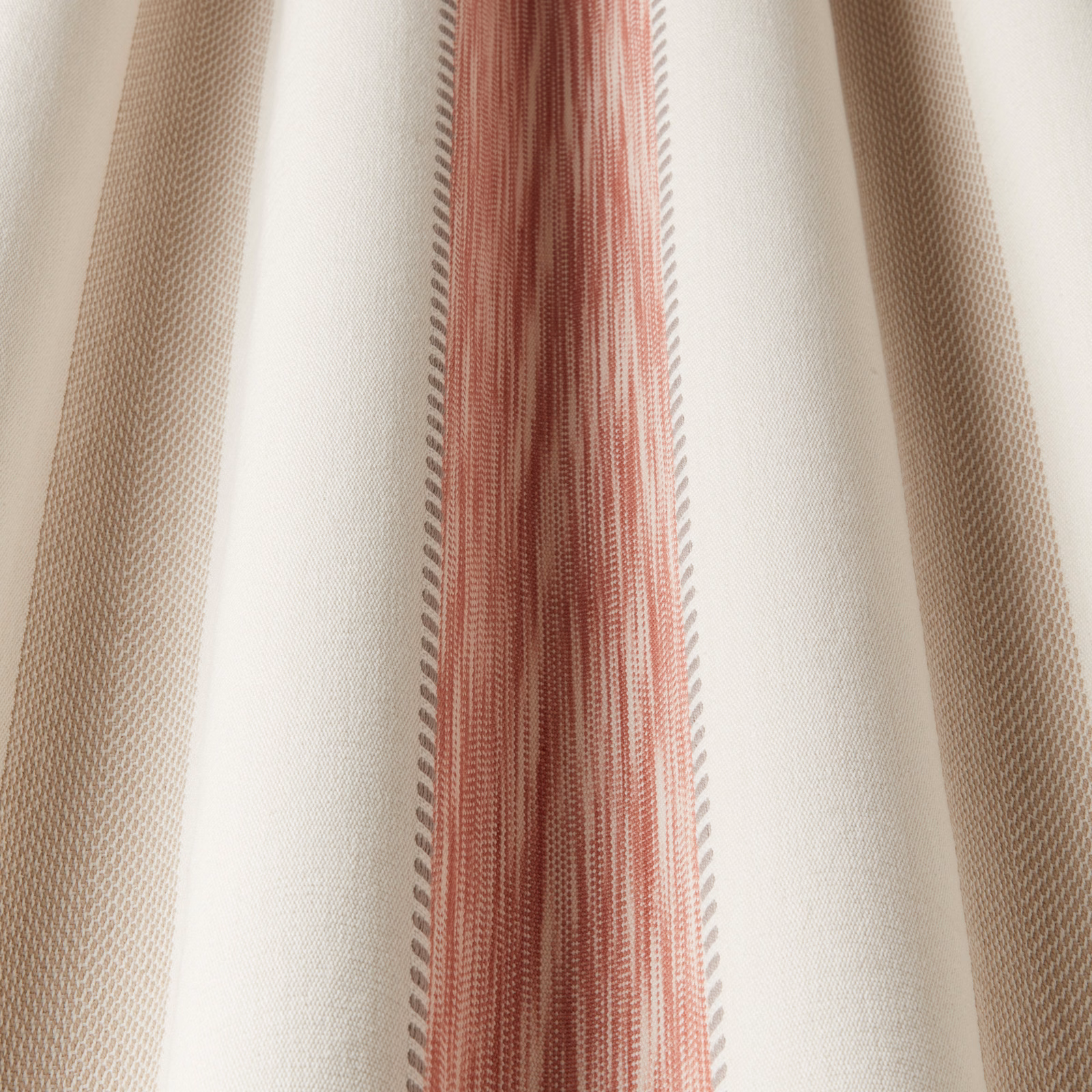 Vertical raspberry and beige striped cotton fabric with a pale ground