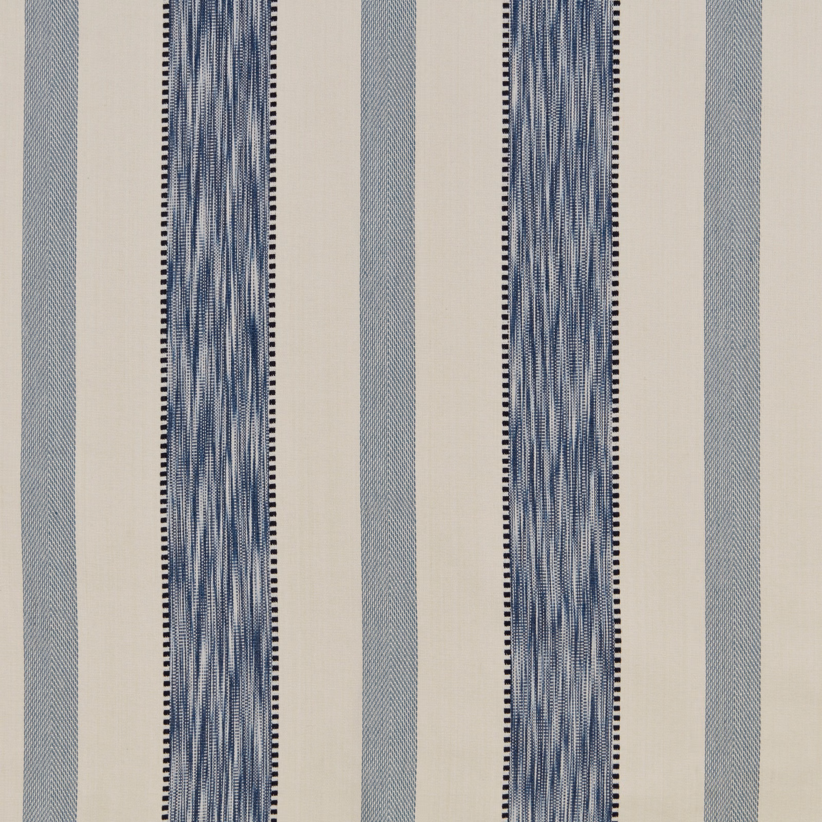 Vertical blue striped cotton swatch with narrow dotted borders on a pale ground