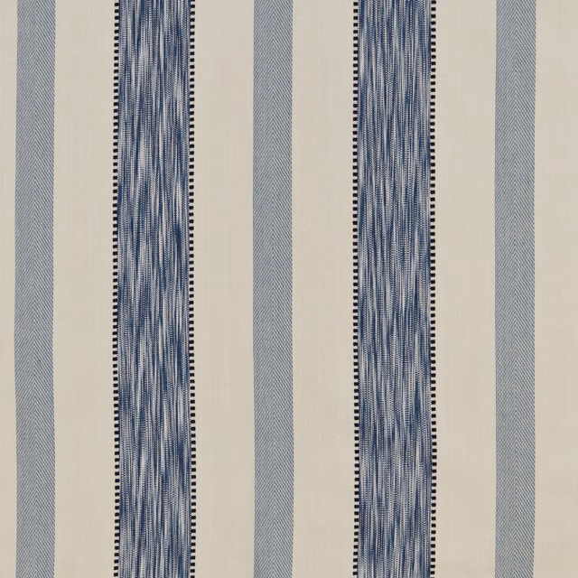 Vertical blue striped cotton swatch with narrow dotted borders on a pale ground