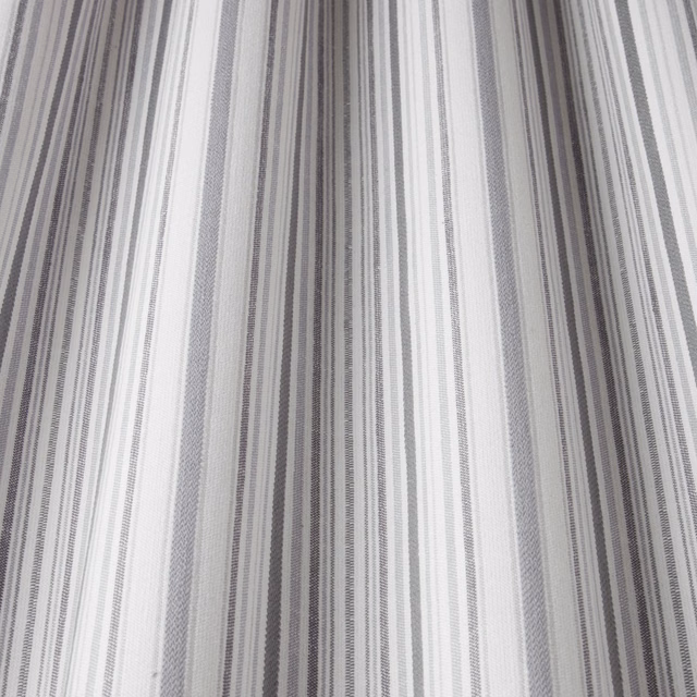 Vertical grey and white striped cotton fabric with fine woven texture
