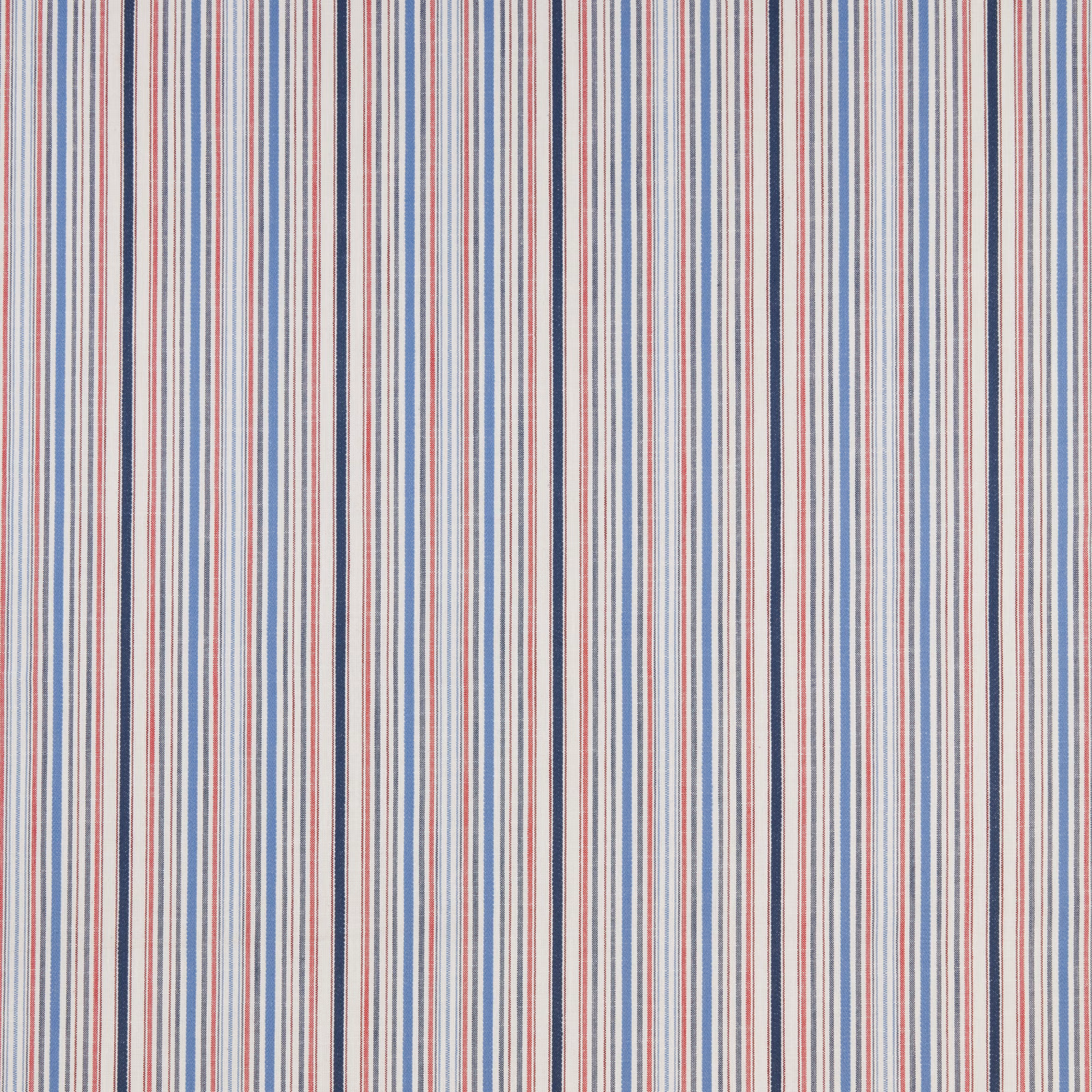 Fine vertical stripe fabric in blue, red, navy and pale neutral tones