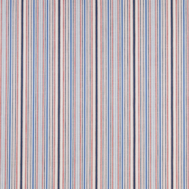 Fine vertical stripe fabric in blue, red, navy and pale neutral tones