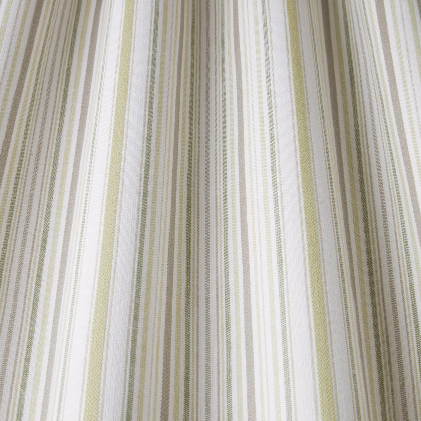 Vertical olive and ivory striped cotton fabric with a soft woven texture