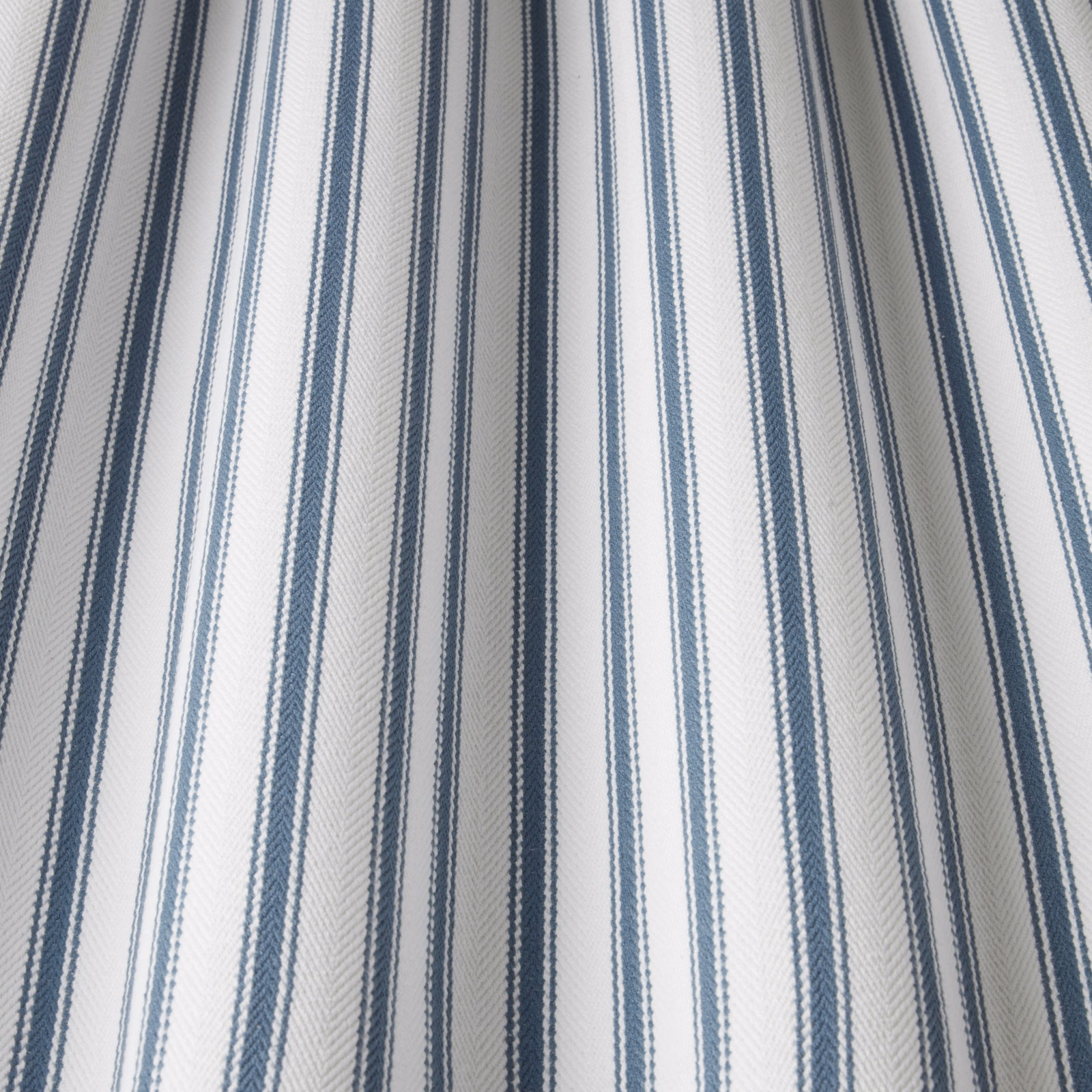Pale blue and white vertical striped cotton fabric swatch with fine woven texture