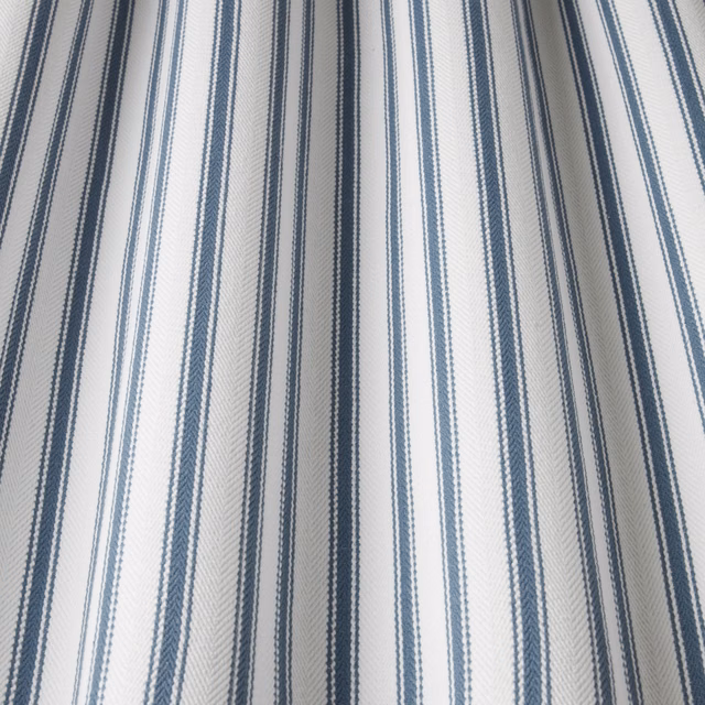 Pale blue and white vertical striped cotton fabric swatch with fine woven texture