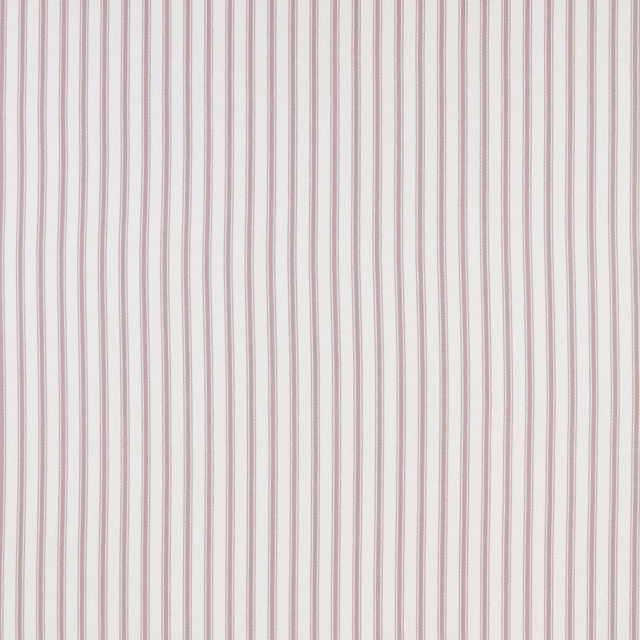 Pale cotton pinstripe fabric with muted grape pink stripes on a white ground