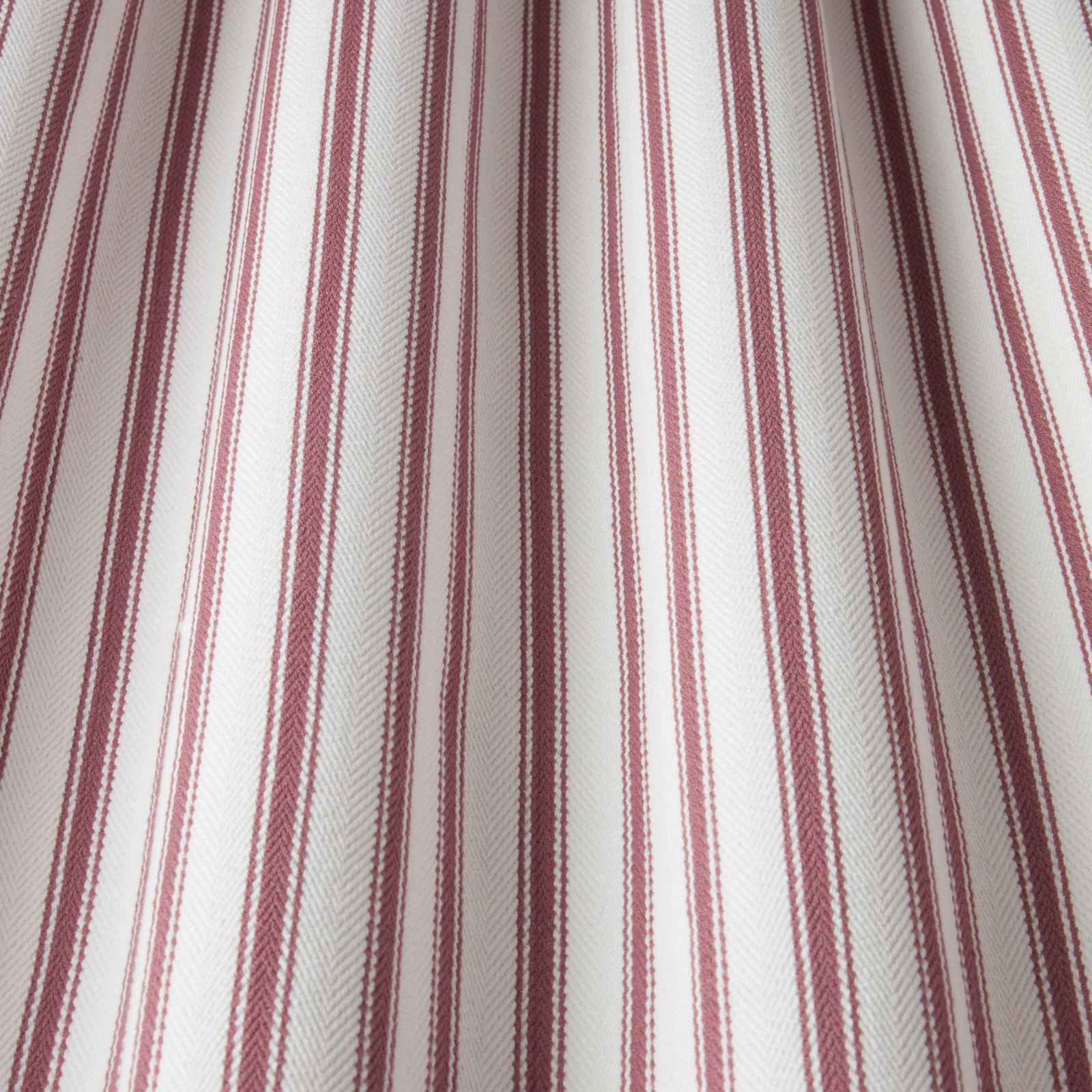 Ivory cotton fabric with narrow mulberry vertical stripes and fine herringbone weave