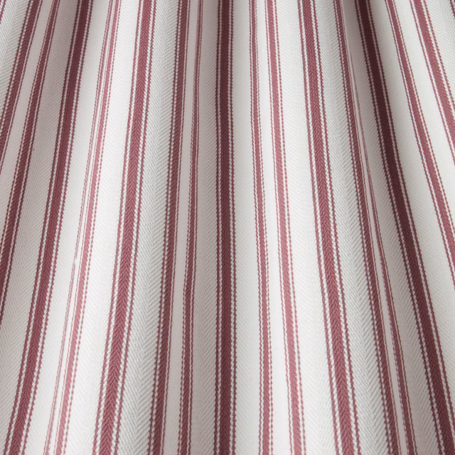 Ivory cotton fabric with narrow mulberry vertical stripes and fine herringbone weave