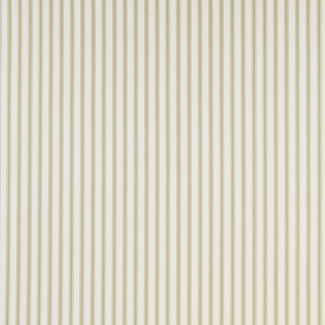 Pale cotton fabric with fine vertical olive pinstripes on an ivory ground