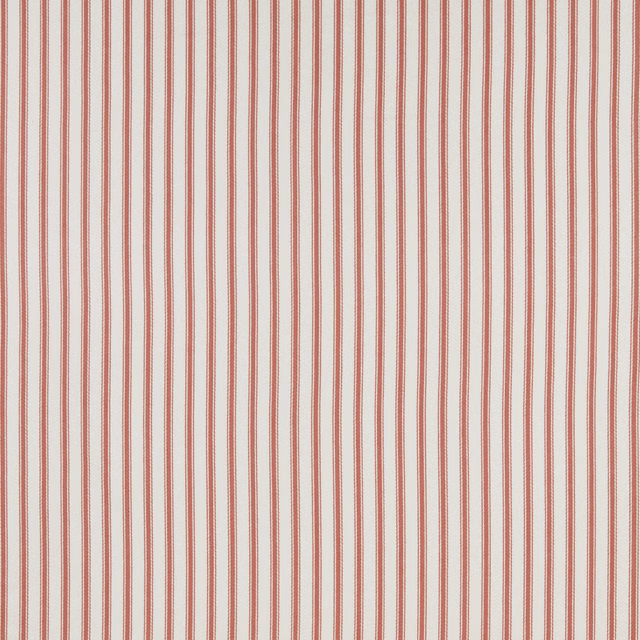 Vertical soft raspberry pinstripes on a pale cotton fabric swatch
