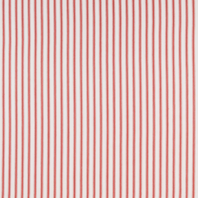 Red and white vertical stripe cotton fabric with fine woven texture