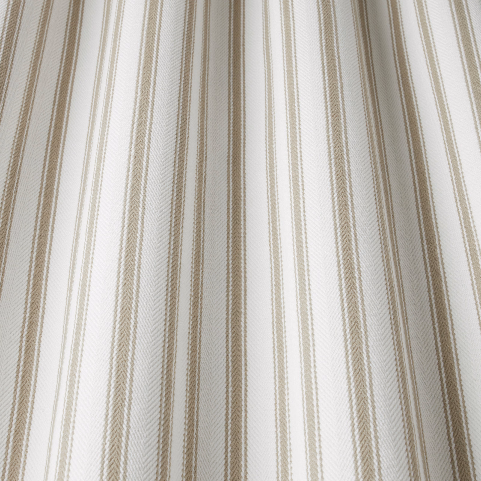 Pale cotton stripe fabric with stone beige vertical lines and woven texture