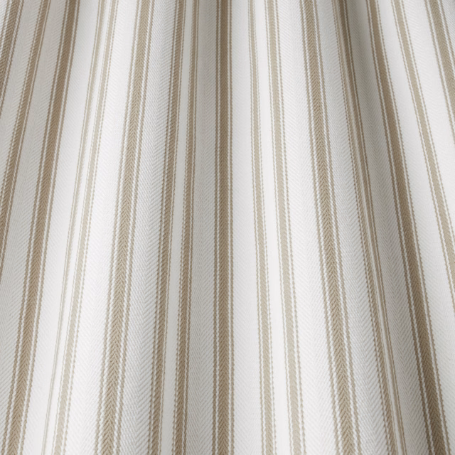 Pale cotton stripe fabric with stone beige vertical lines and woven texture
