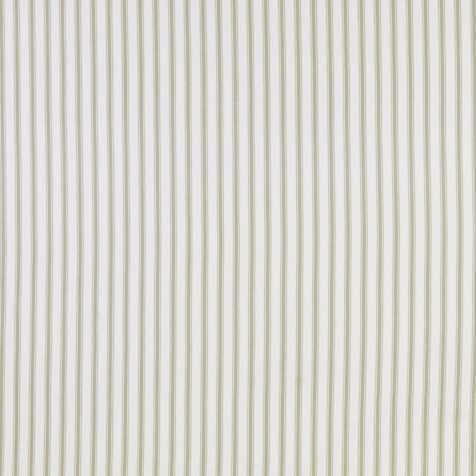 Pale cotton fabric with fine willow green vertical stripes on an off-white ground