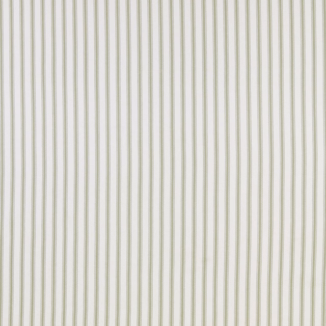 Pale cotton fabric with fine willow green vertical stripes on an off-white ground