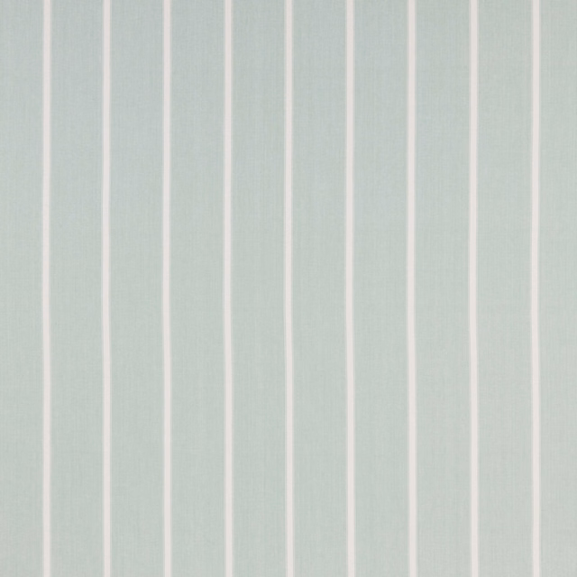 Pale aqua cotton fabric with slim ivory vertical stripes and a matte woven texture