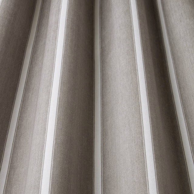 Cool taupe striped cotton fabric with pale vertical bands and soft woven texture