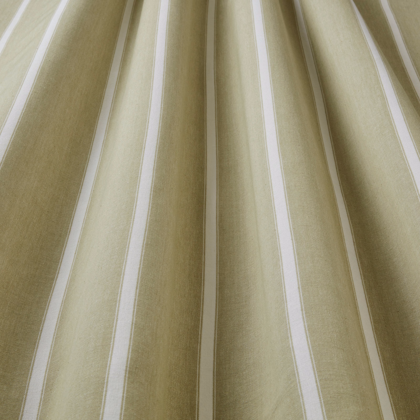 Soft olive and pale cream vertical striped cotton fabric with subtle woven texture