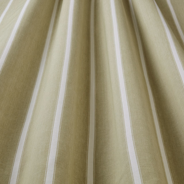 Soft olive and pale cream vertical striped cotton fabric with subtle woven texture