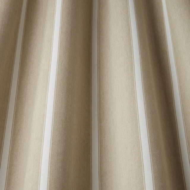Warm taupe and cream woven stripe fabric with a soft matte texture