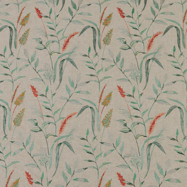 Cream botanical cotton fabric with green stems and coral-red seed heads