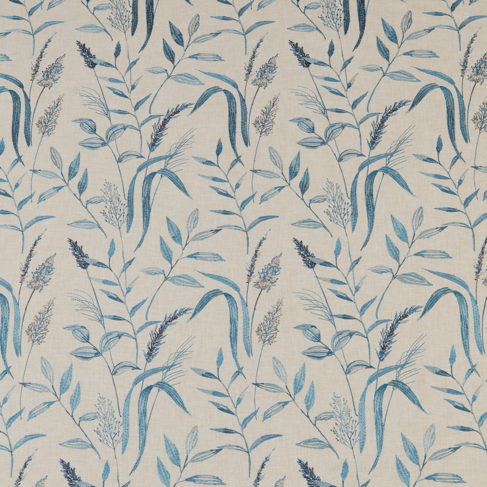 Cream cotton fabric with cobalt meadow stems and pale blue botanical print