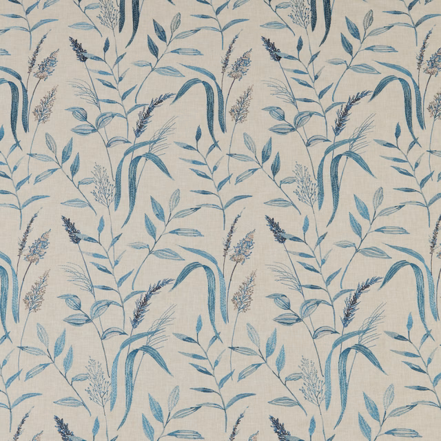 Cream cotton fabric with cobalt meadow stems and pale blue botanical print