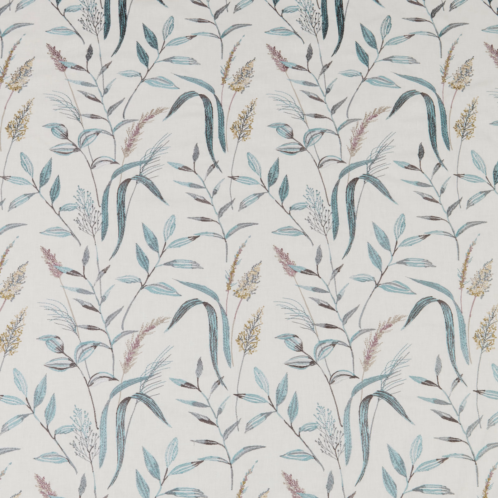 Botanical cotton fabric with cornflower blue stems and pale leafy sprigs on an ivory ground